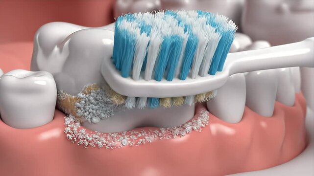 Close up CGI animation of a toothbrush with blue and white bristles cleaning plaque from a tooth and gum line medical