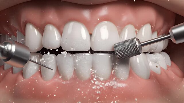 Close-up CGI animation of dental calculus removal from adult teeth demonstrating plaque buildup and professional