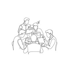 Line drawing of business team gathering around laptop for collective analysis