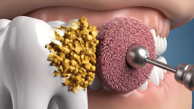 Close-up CGI Animation of Dental Polishing and Cleaning Process Showing Plaque Removal From Teeth in a Medical Setting