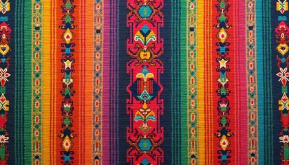 Obraz premium Colorful Andean textile pattern features vertical stripes in rainbow colors. Intricate geometric motifs are woven within the design, showing cultural heritage and traditional artistry.