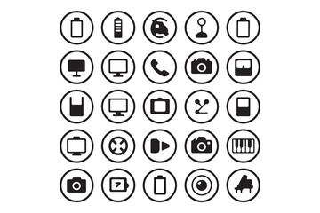 Universal multimedia and technology icons set inside circles featuring camera battery phone and computer