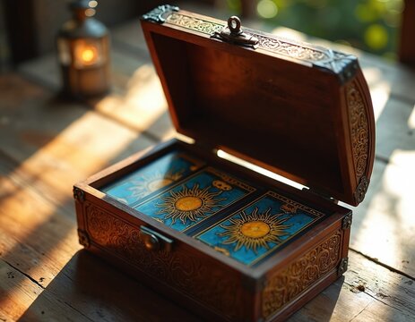 Antique carved wooden box with occult tarot cards inside. Mystical sun symbol on blue background. Ornate antique chest, secrets, divination, fortune telling.