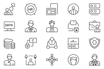Fototapeta premium Human resources and business management line icon set including employee data security and team structure