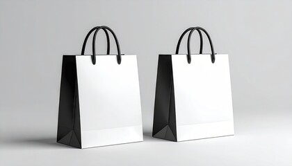 Two blank white and black shopping bags with handles on a plain background.