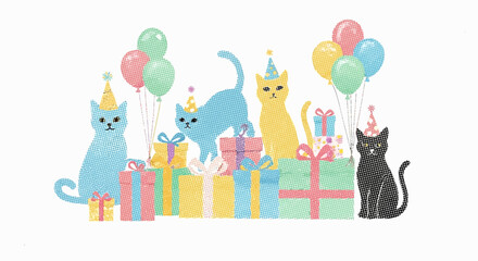 Obraz premium Cats celebrating birthday with gifts and balloons