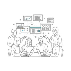Fototapeta premium Business meeting with team collaborating on project charts and laptop data on table