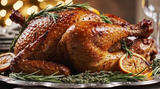 Whole roasted poultry garnished with fresh herbs and citrus slices on serving platter