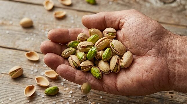 Healthy salted pistachios held in palm on wooden table, snack food imagery, natural ingredient, nuts, raw.