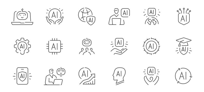 Artificial intelligence line icons set. AI technology, machine learning, cybersecurity and automation vector collection