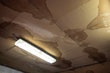 Water damaged ceiling with large wet stains and fluorescent light. Leaking roof causing moisture damage and electrical hazard inside building. © Marek