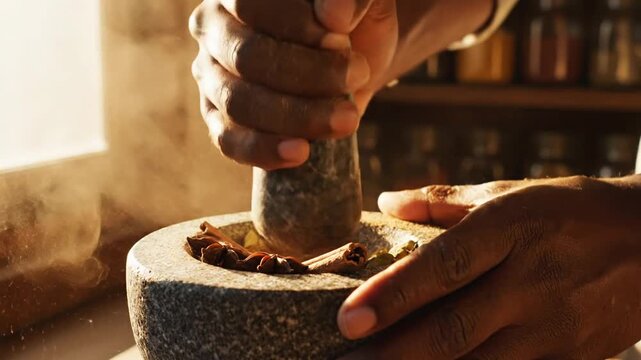 Hands grinding spices in mortar and pestle in warm kitchen light