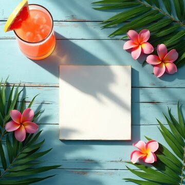 Flat lay of tropical drink and flowers on a rustic blue wood table with a blank square coaster. This arrangement suggests a relaxed island vibe, perfect for summer promotions or design mockups.