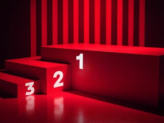 First place winner podium with numbers 1 2 3 in bright red colors and dark striped background