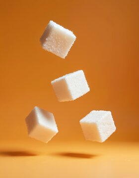 Four white sugar cubes levitate mid-air against a bright orange studio background. Shadows are cast below showing texture and depth. Minimalist concept for sweet food.