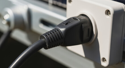 Close-up of a robust black electrical plug securely inserted into a white outdoor power outlet, representing energy connection, charging, and reliable power supply technology.