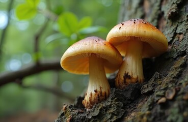 Fototapeta premium Two edible yellow mushrooms grow on a tree trunk in a forest. Closeup view shows detail on caps and stems. Green leaves form soft background bokeh.