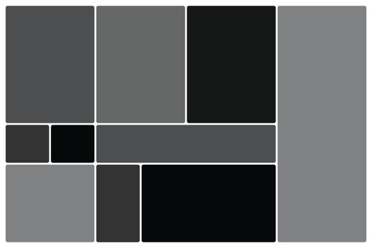 Set of Trendy bento grid layout style brick Ui UX templates. Grey on dark. Web comic grids, rounded corners. Different panel layouts with brutal shapes tiles of different sizes Vector illustration