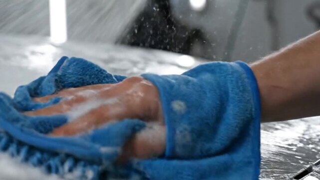 A person's hand, clad in a plush blue wash mitt, meticulously cleans a smooth, reflective white surface, creating a dynamic visual of foaming suds and sparkling water droplets. The close-up shot highl