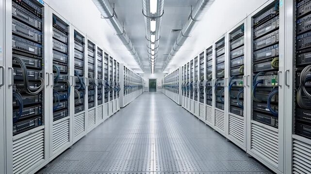 Data center server room interior view with rows of network equipment