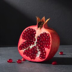 Sliced ripe pomegranate fruit showing interior texture with scattered arils on gray surface under dramatic light