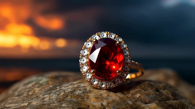Close-up of Luxurious Red Gemstone Ring Set in Gold with Diamond Accents Against a Dramatic Sunset Sky