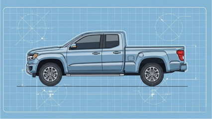 Detailed vehicle autocad blueprint design of a modern pickup truck in a technical drawing format © Stock Image Paradise