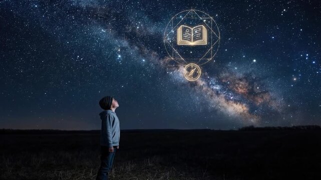Boy stands in tall grass looking at night stars concept. Child stargazing under Milky Way night sky with glowing book and compass symbols representing knowledge and exploration