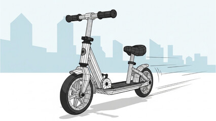 Detailed vehicle autocad blueprint of a scooter in a cityscape environment from a side viewpoint