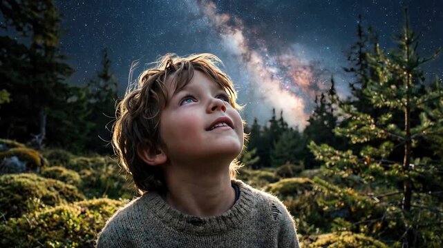 Boy stands in tall grass looking at night stars concept. Child admiring starry night sky and Milky Way in forest nature outdoor adventure