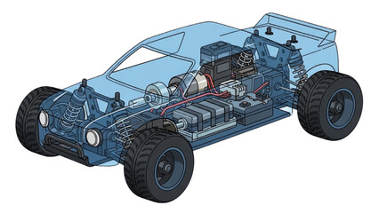 Detailed vehicle autocad blueprint illustration showcasing mechanical parts and chassis design in a technical isometric view