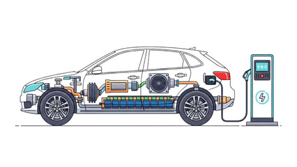 Detailed vehicle autocad blueprint illustration of an electric car charging at a station © Stock Image Paradise