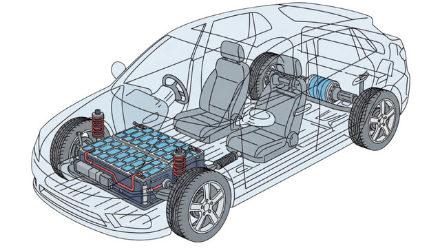 Detailed vehicle autocad blueprint showcasing electric car components and transparent chassis view