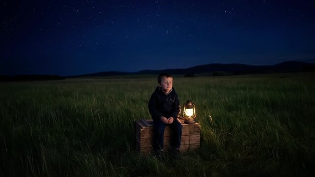 Boy stands in tall grass looking at night stars concept. Young boy sitting on wooden crate in grassy field under starry night sky holding glowing lantern