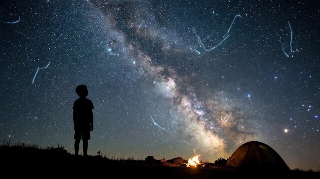 Boy stands in tall grass looking at night stars concept. Silhouette of a child stargazing near a campfire and tent under a vivid Milky Way galaxy night sky
