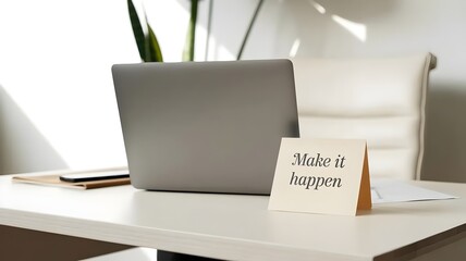 Fototapeta premium Clean office setup with positive quote – Great for social media motivation, education, or career development content.