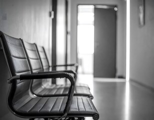 Empty Waiting Chairs Near Conference Room Entrance, Corporate Corridor with Open Door and Soft Backlight
