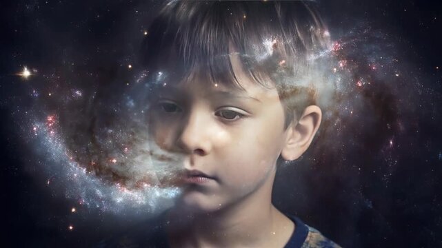 Boy stands in tall grass looking at night stars concept. Thoughtful young boy with galaxy overlay dreamy space background imagination concept