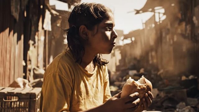 A poignant close-up captures a young person with dark hair, wearing a simple yellow shirt, diligently eating a large piece of bread. The soft, warm sunlight illuminates their profile as they find sust