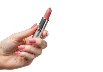 Hand holding pink lipstick with manicured nails isolated on transparent background