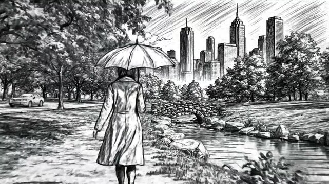 Woman Walking in Park with Umbrella.