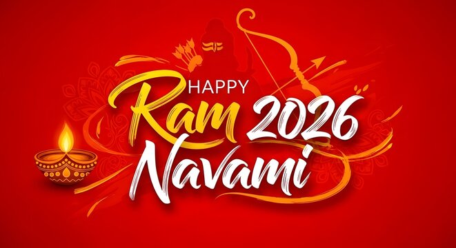 Happy ram navami 2026 greeting card with diya and bow illustration