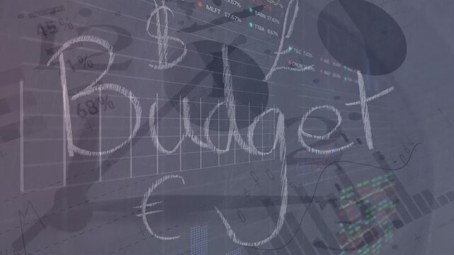 Animation of financial data processing over budget text and grid