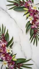 Elegant floral arrangement with purple orchids and green leaves on a marble surface