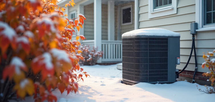 Air conditioner unit covered in snow next to house with orange leaves. First winter snowfall blankets suburban home yard. Cold season begins. HVAC outside.