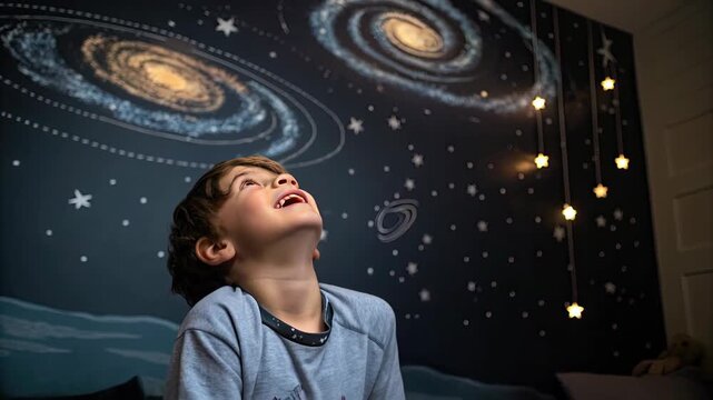 Boy stands in tall grass looking at night stars concept. Curious child looking up at glowing star lights and galaxy wall art in a cozy space-themed bedroom