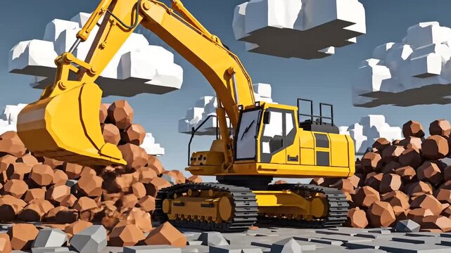 Yellow Excavator Digging Rocks Animation.