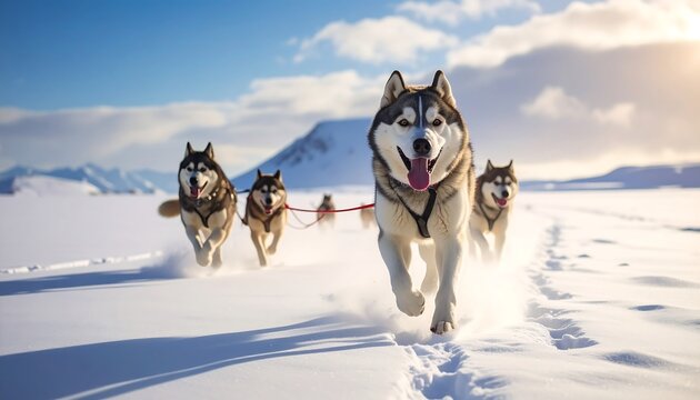 A pack of huskies speeds across a snowy expanse, pulling a sled with focused intensity. Mountains and a bright sun grace the horizon