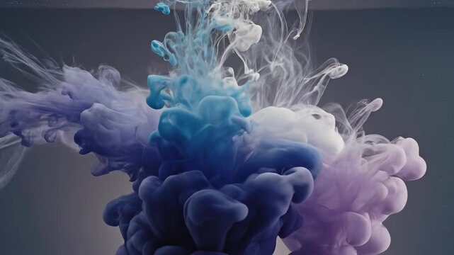 Dynamic suspension of dark blue and lilac pigments dispersing in clear liquid medium