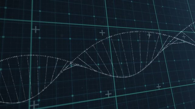 Animation of grid and dna forming dna forming helix over grid on black particles